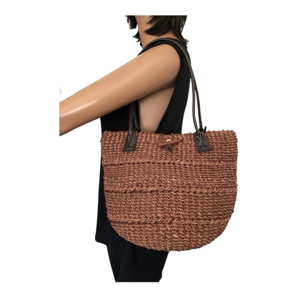Vintage Jute Twine & Leather Handmade Tote Bag – Boho Woven Shoulder Bag